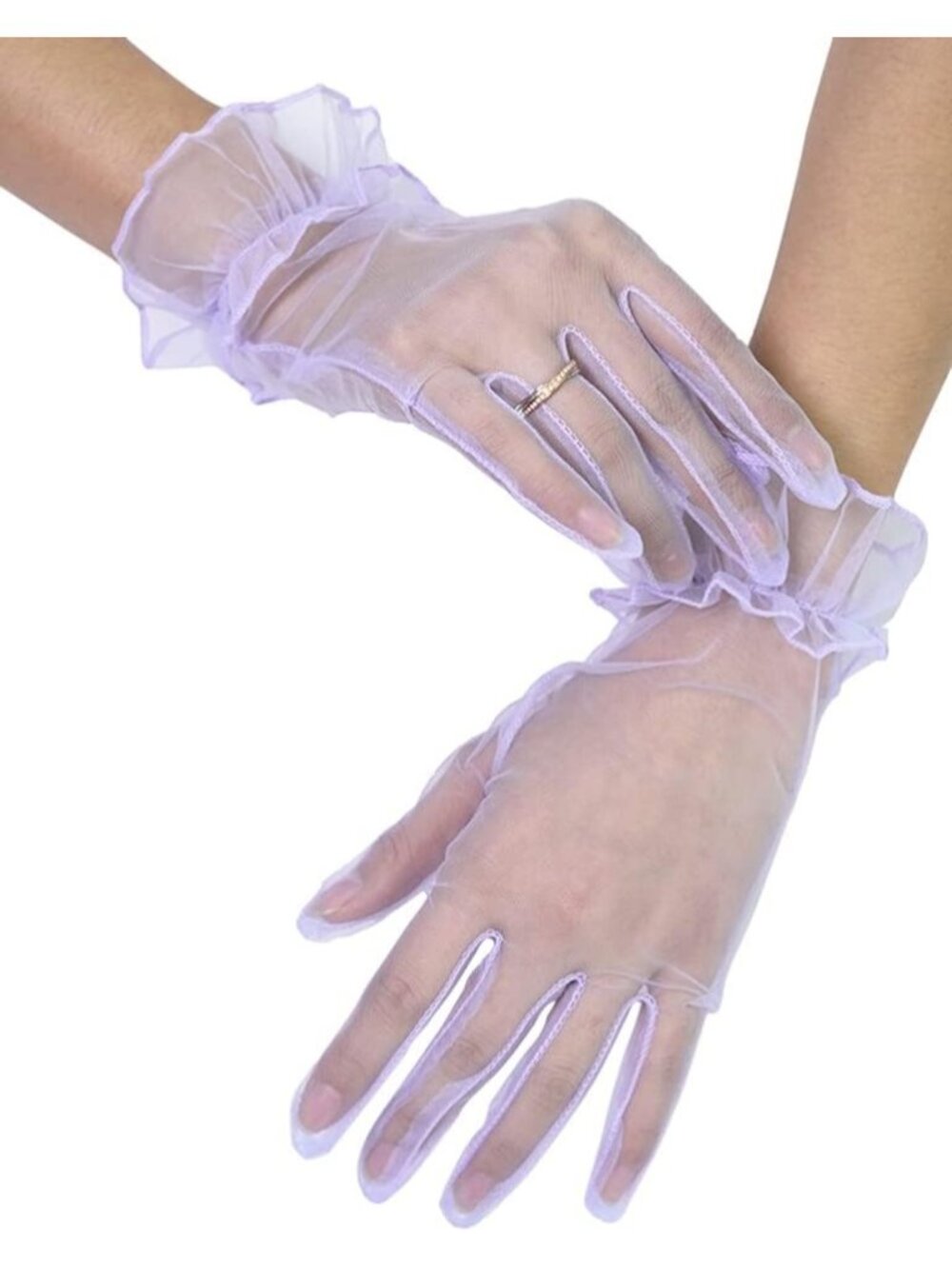 Women's Lavender Ruffled Short Sheer Wrist Length Halloween Tulle Mesh Gloves